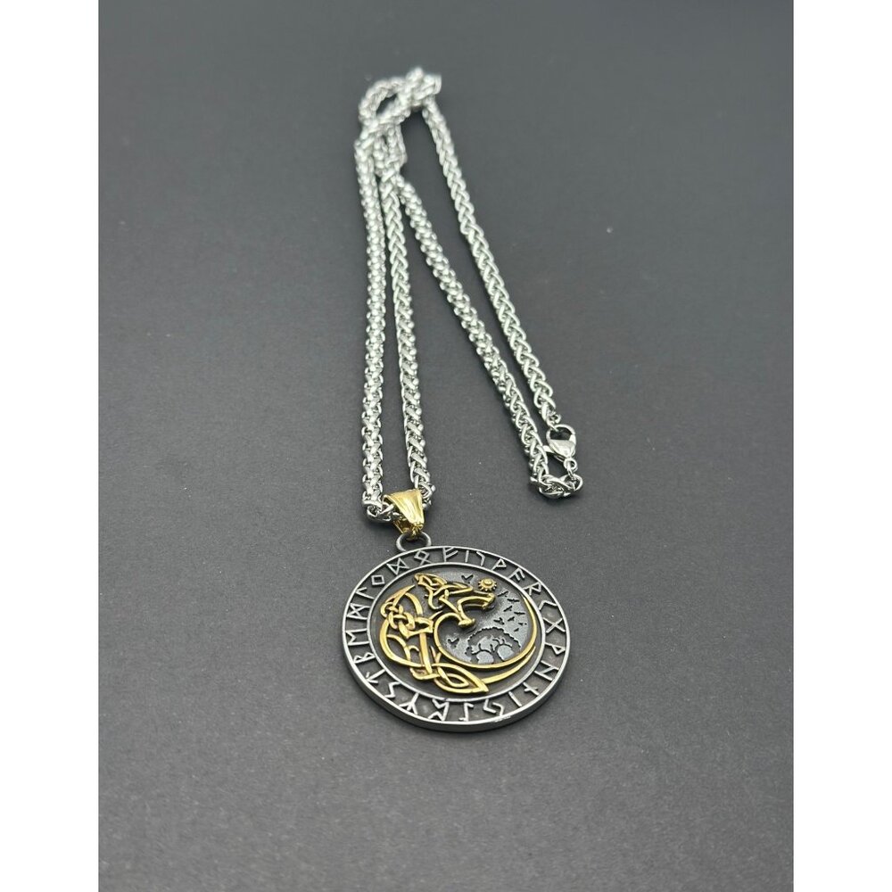 Viking Pendant Necklace Tree Of Life & Norse Runes On Dual-Tone Metal Chain